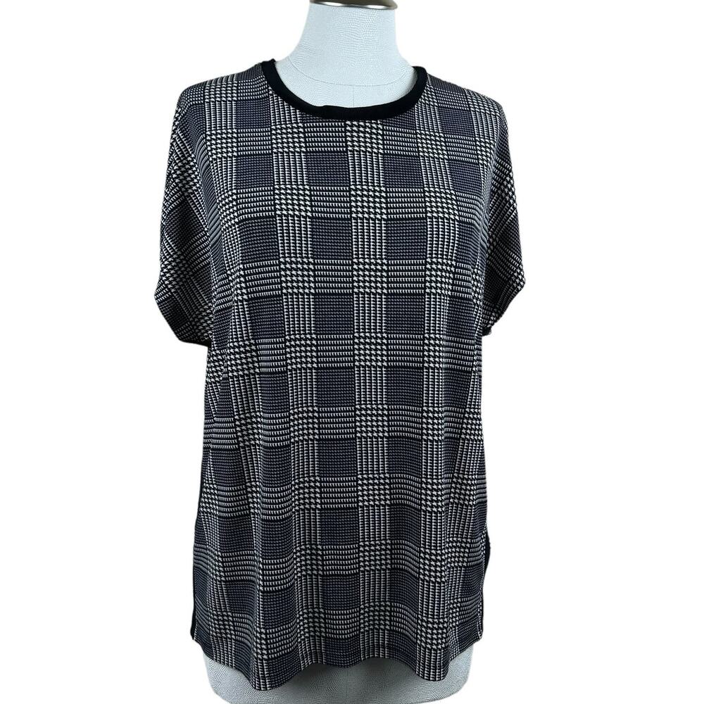 Women's Lauren Ralph Lauren Black White Plaid‎ Jersey Crewneck Check T- Shirt XL